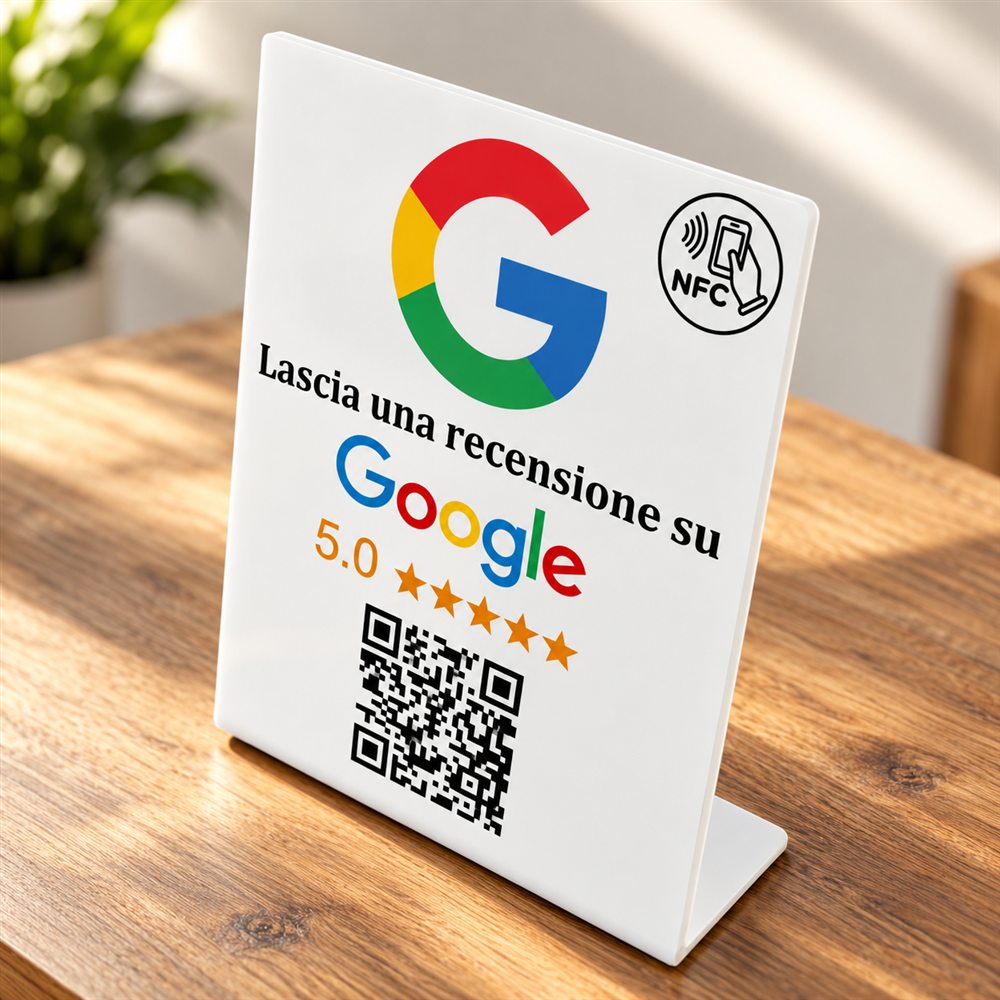 Targa recensioni bianca con QR code e NFC