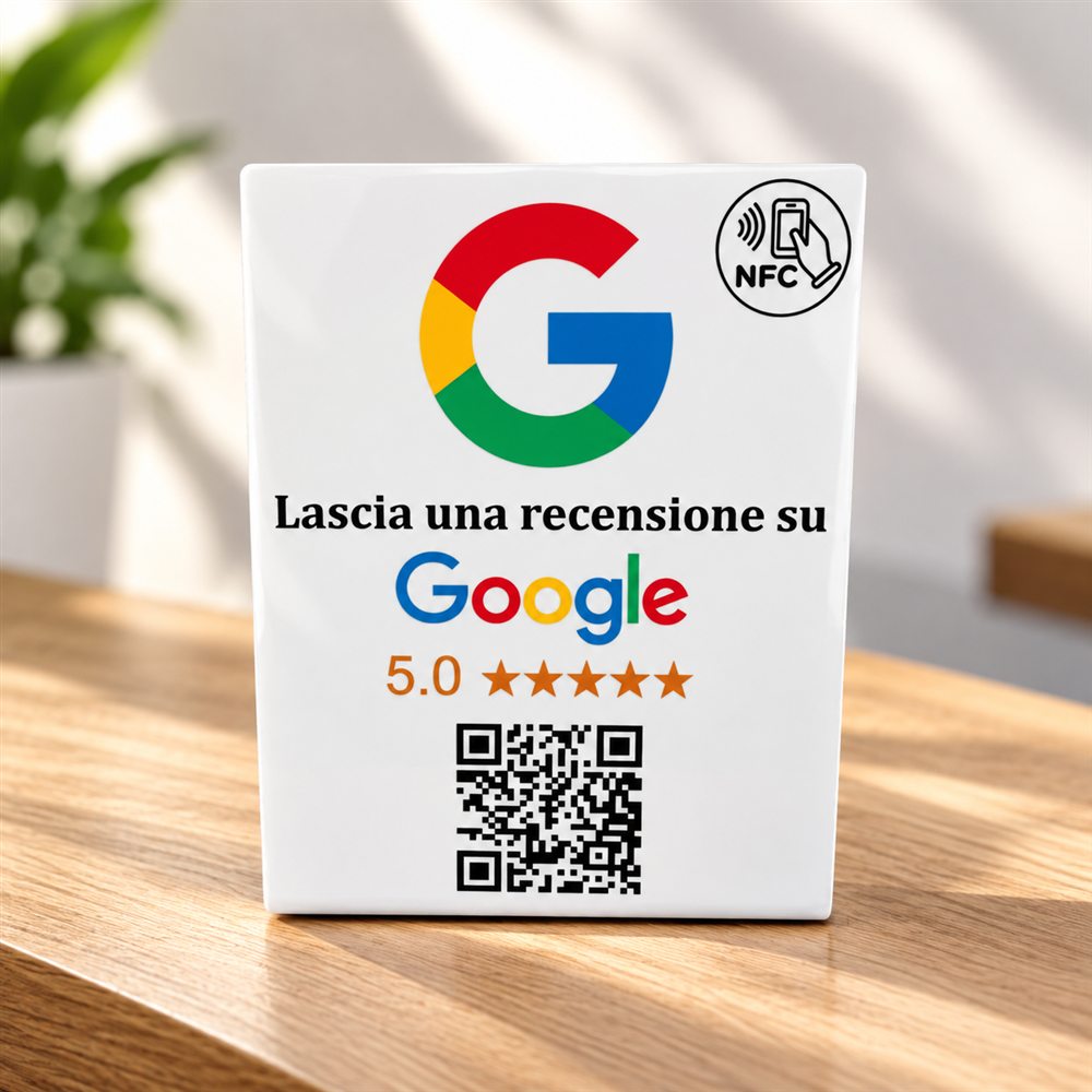 Targa recensioni bianca vista di fronte