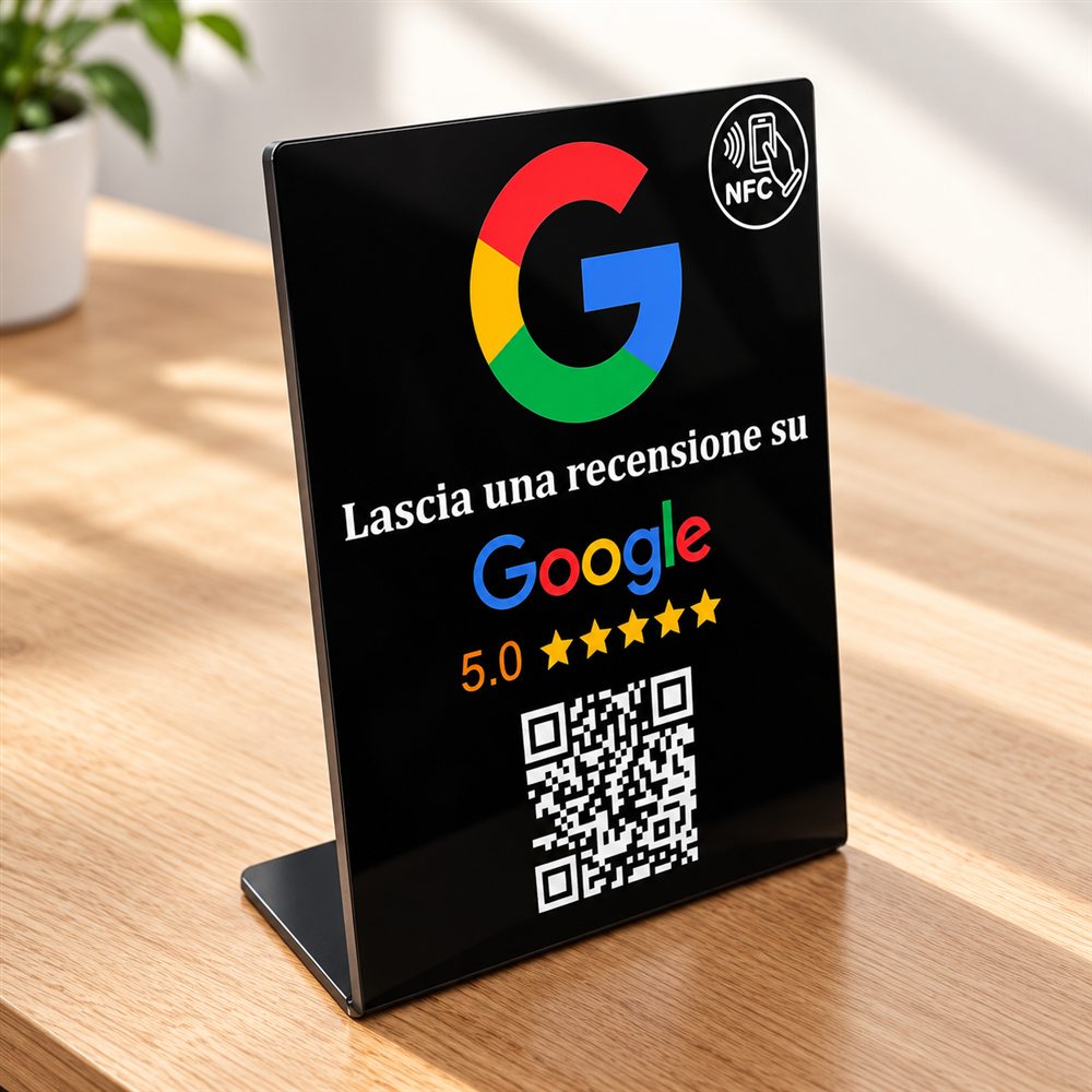 Targa recensioni nera con QR code e NFC